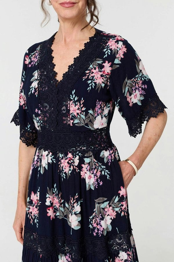 Navy | Floral Lace Tiered 3/4 Sleeve Maxi Dress
