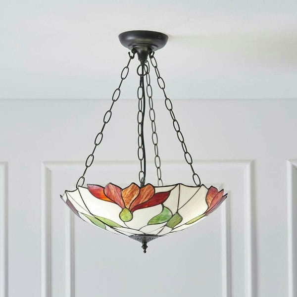 Tiffany Glass 3 Light Pendant - Modern Floral Design - Dark Bronze Finish Loops