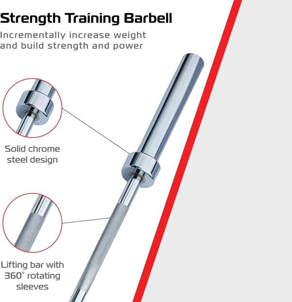 7ft Body Revolution Olympic Barbell with solid chrome steel design, textured grip, and 360° rotating sleeves for optimal performance