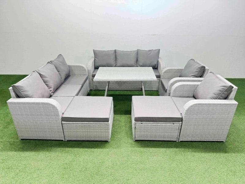 Fimous Rattan High Back Lounge Sofa Set Patio Dining Table & Chairs Set with 3 Seater Sofa 2 Reclining Chairs 2 Big Stool Light Grey