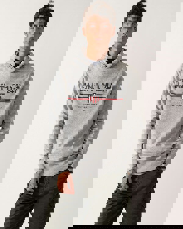 GANT Mens Graphic Pullover Hoodie - 93 Grey Melange - CHO - Designer Mens Hoodies