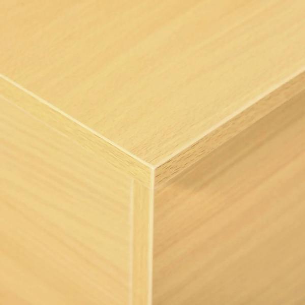 Burlywood storage chest corner joint detail with smooth wood panel finish