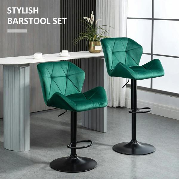 Green velvet bar stool set with tufted backs, black adjustable pedestal and footrest