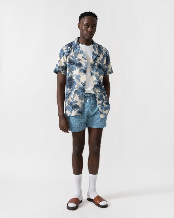 BOSS Orange Mens Short Sleeve Floral Print Beach Shirt - Open Blue 483 - CHO - Designer Mens Shirts