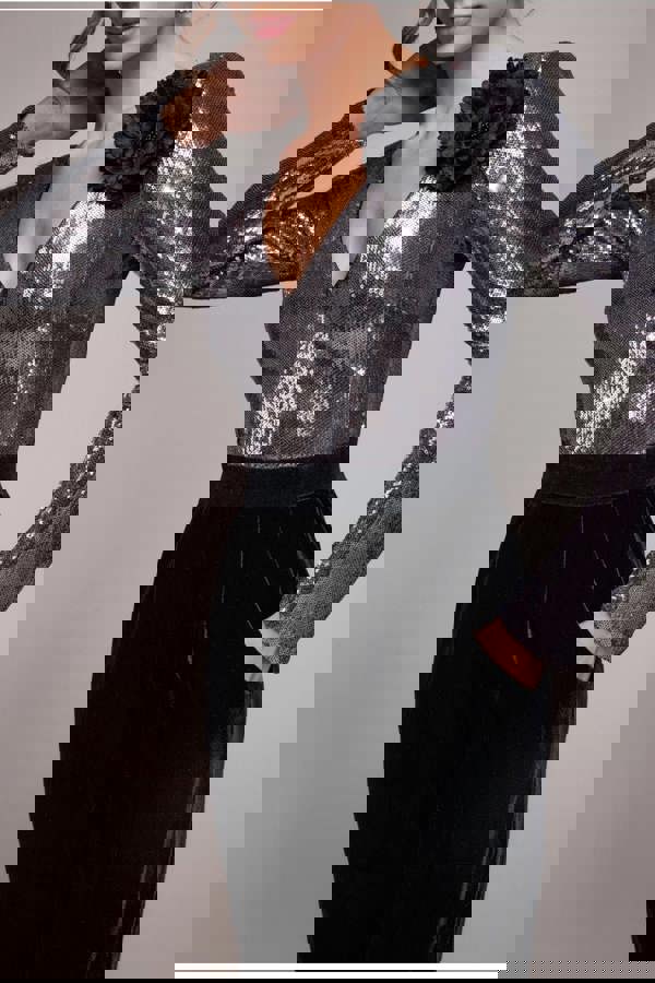 Liquid Sequin Jumpsuit With Corsage - Silver TR380