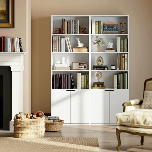 Bobobiy 6-Tier Tall Bookcase, Bookshelf with 4 Open Shelves and Double Door Storage Cabinet, Freestanding Display Rack, 59 x 29 x 180cm, White