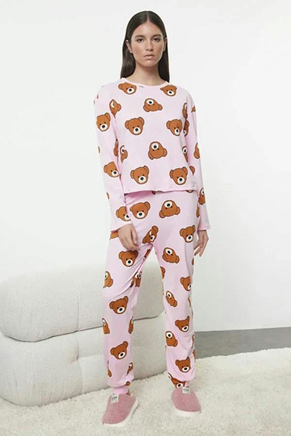 Hoxton Gal 100% Cotton Knitted Pajama Set with Teddy Bear Print