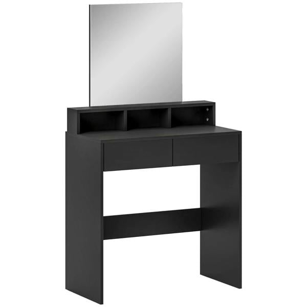 Black dressing table with wall mirror, open shelves and two drawers