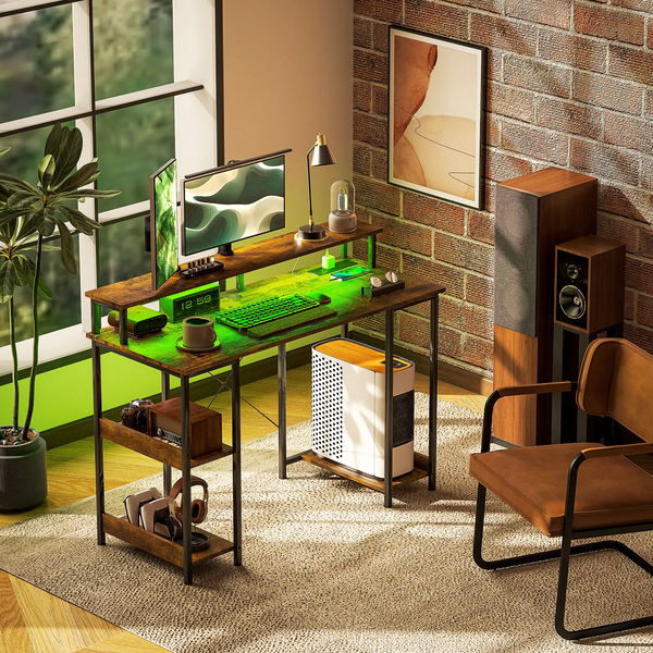LED Computer Desk, with Power Outlets and Shelves - Rustic Brown