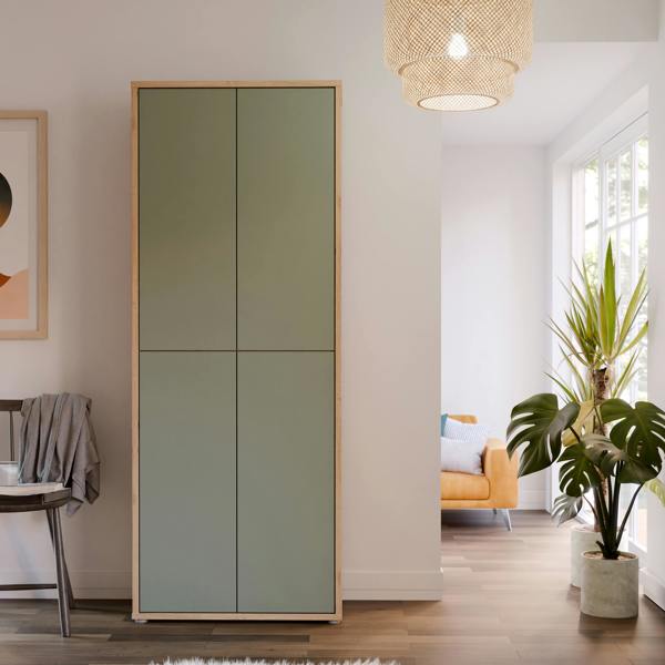 Furniture To Go Alice Springs Shoe Cabinet with 4 Doors Push-to-Open in Artisan Oak and Sage Green Doors