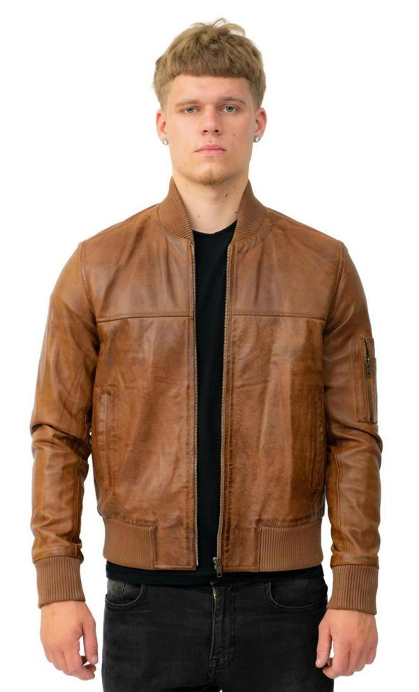 Infinity Leather Mens Retro MA-1 Leather Bomber Jacket-Arlington