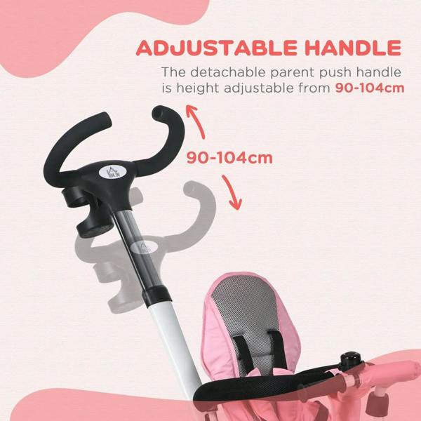 Pink stroller with height-adjustable parent push handle, seat with canopy