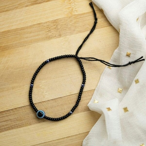 The Colourful Aura Adjustable Black Beads Evil Eye Indian Nazar Protection Slim Beaded Bracelet - Blue