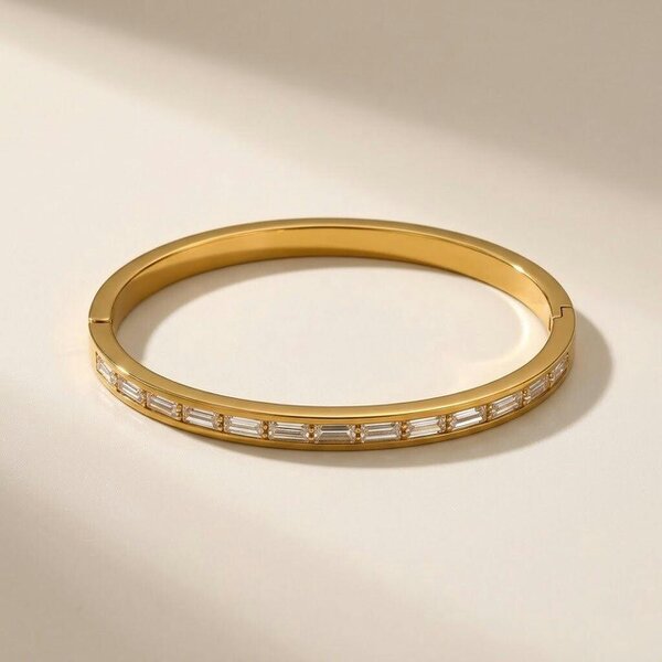 The Colourful Aura 18ct Gold Plated Clear Baguette Crystal Hinged Bangle Bracelet