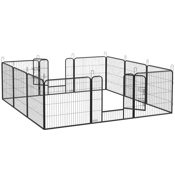 12-panel metal puppy playpen with arched top rails and hinged gate, grey
