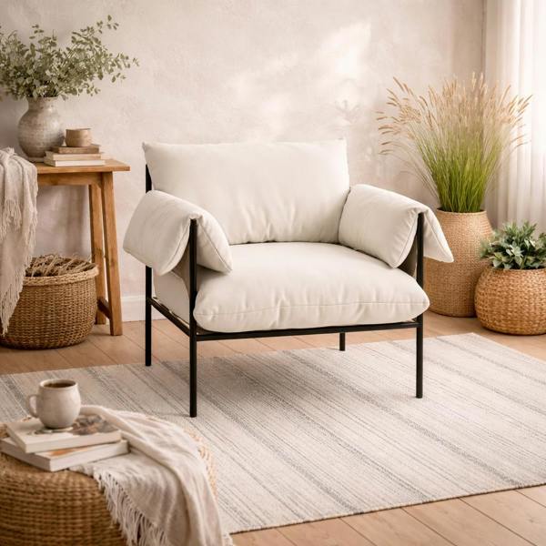 Wyld Haus Wardour Minimalist White Houseweave  Armchair Black Metal Legs