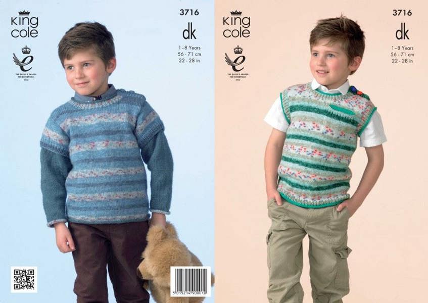 King Cole Splash Knitting Pattern 3716, Tops, Slipovers, Sweaters for Kids, 22 - 28 Inches - Intermediate