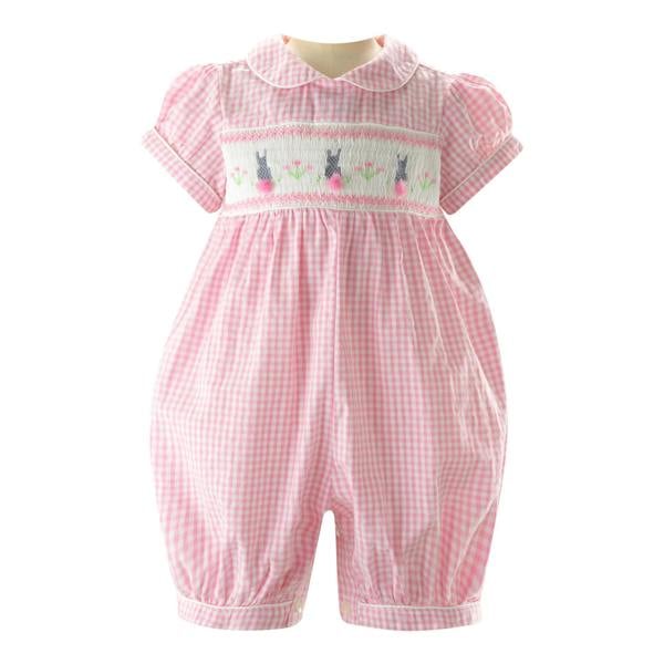 Rachel Riley Pink Gingham Bunny Smocked Babysuit