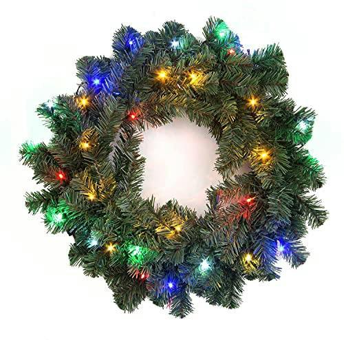 55cm Green Alaskan Pine Pre-Lit Christmas Wreath with Multicolour LEDs, PVC Finish image 8