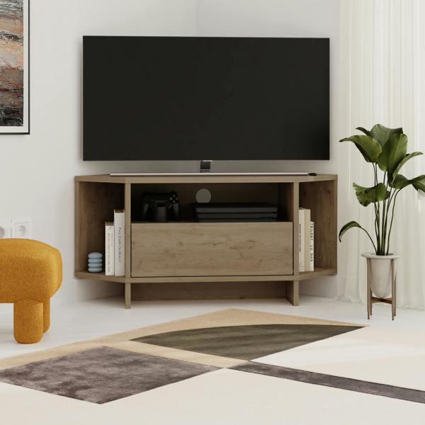 Decortie Modern Viva Corner TV Unit Shelf up to 36 Inch TVs Push to Open Storage Cabinet, 3 Open Shelf Media Centre 95.7(W)cm