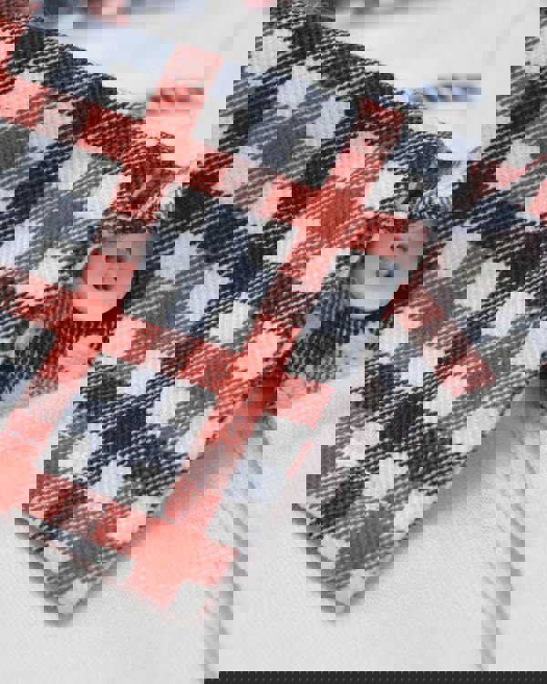 Lambretta Mens Classic Dress Gingham Mod Retro Ska Casual Polo, close-up of shirt collar with red, white, and navy blue plaid pattern and white button.