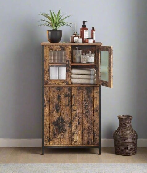 Rustic industrial storage cabinet with black steel frame, glass doors, and adjustable interior shelf

