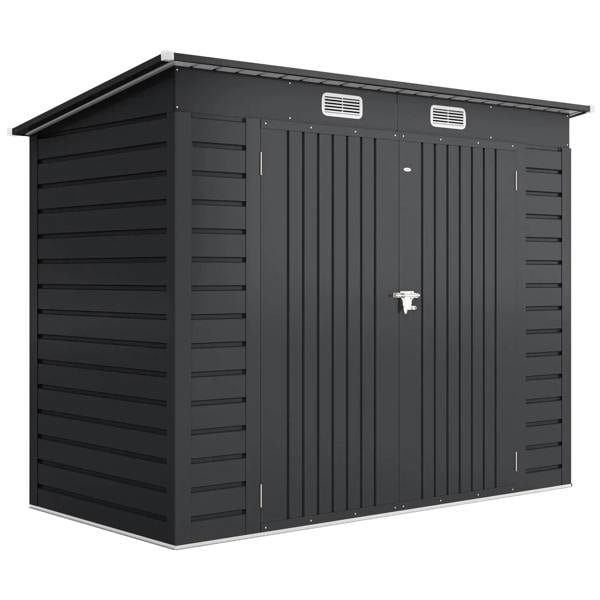 Grey metal storage shed with latched door and ventilation vents