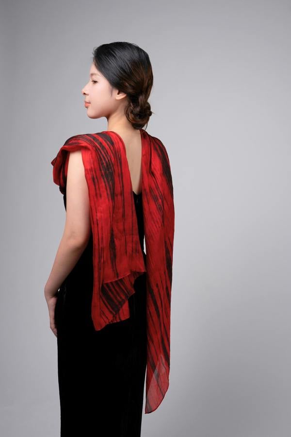 Red & Black Brushstroke Silk Scarf – Hand-Dyed Mulberry Silk, Evening Wrap & Gift