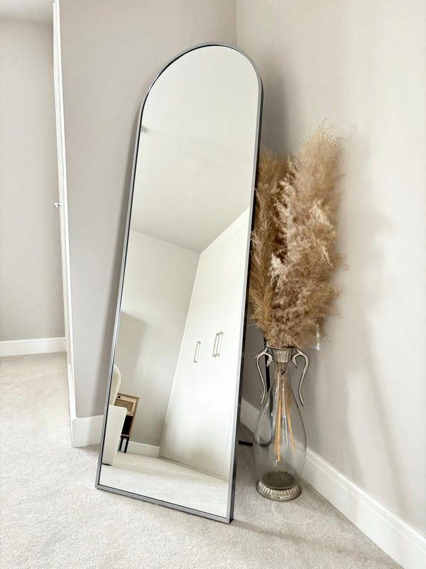 Stunning Silver Arched Metal Frame Wall or Floor Standing Dressing Mirror 145cm x 45cm - Soho Collection