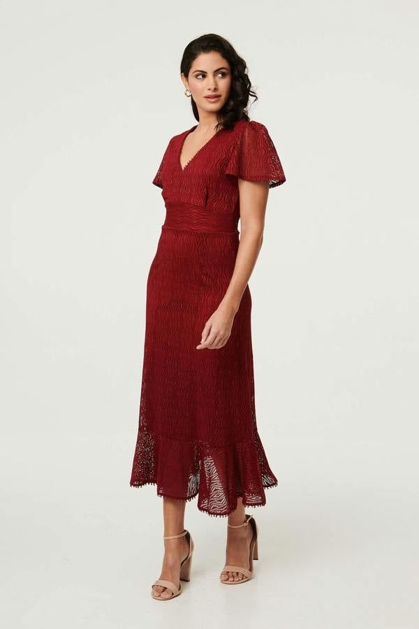Red | Printed Lace Texture Slim Midi Dress