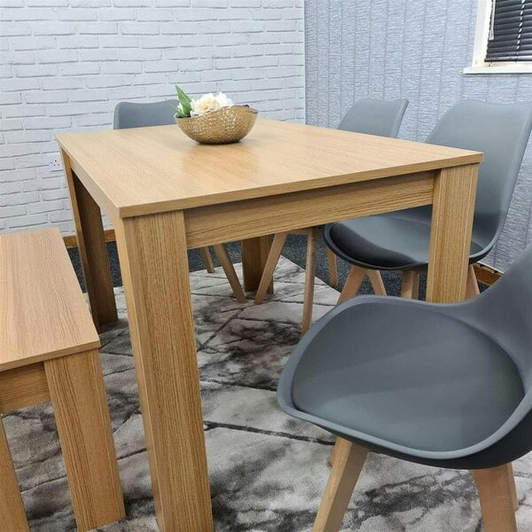 KOSY KOALA 6 Seater Modern Light Wood Dining Table Set with 4 Grey Plastic Tulip Chairs and Bench H75 x L140 x W80 cm