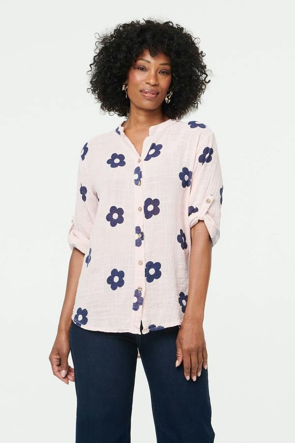Pink | Floral 3/4 Sleeve Button Relaxed Blouse