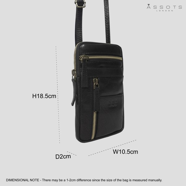 Real Hide Bags 'BROOKE' Black Polished VT Real Leather Mobile Phone Crossbody Bag