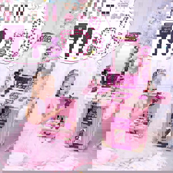 deAO Toys Girls Makeup Table & Suitcase – Portable Vanity Play Set with Light, Music & Accessories, Pretend Makeup Kit for Kids 3+, Great for Travel