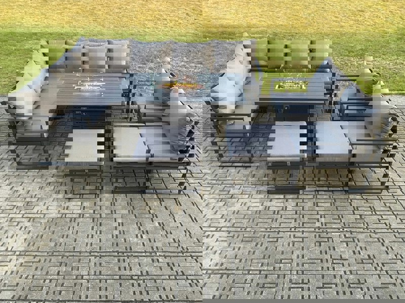 Fimous Aluminium Patio Outdoor Garden Furniture Corner Sofa Set Gas Fire Pit Dining Table with 2 Chairs 2 Big Footstools Dark Grey