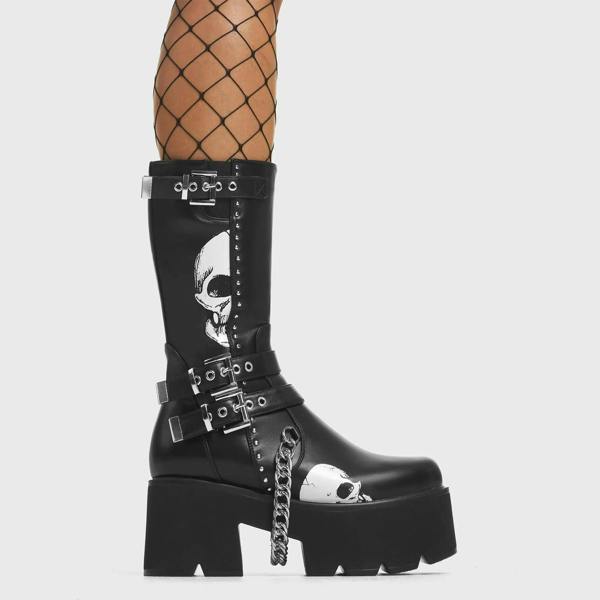 Lamoda Cemetery Gates Gothic Skull Detail Black PU Flats Stylish Women Shoes