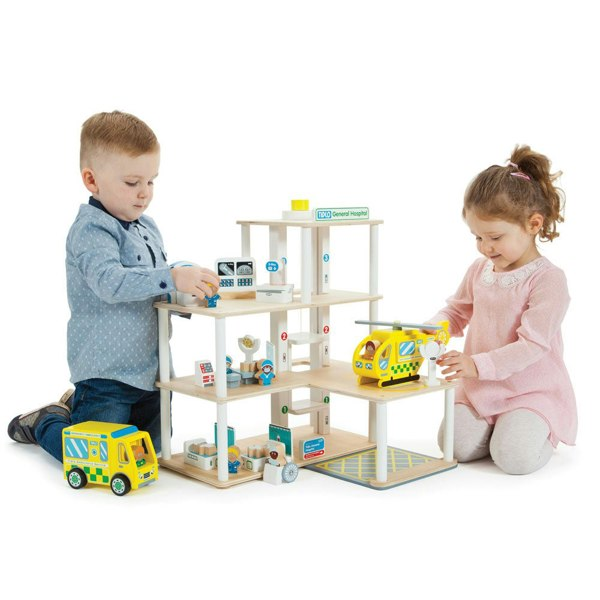 Tidlo Wooden Hospital Playset With Three Floors And 30 Play Pieces