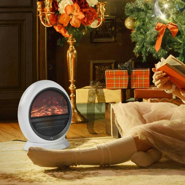 White tabletop electric fireplace heater with flame effect placed on the floor