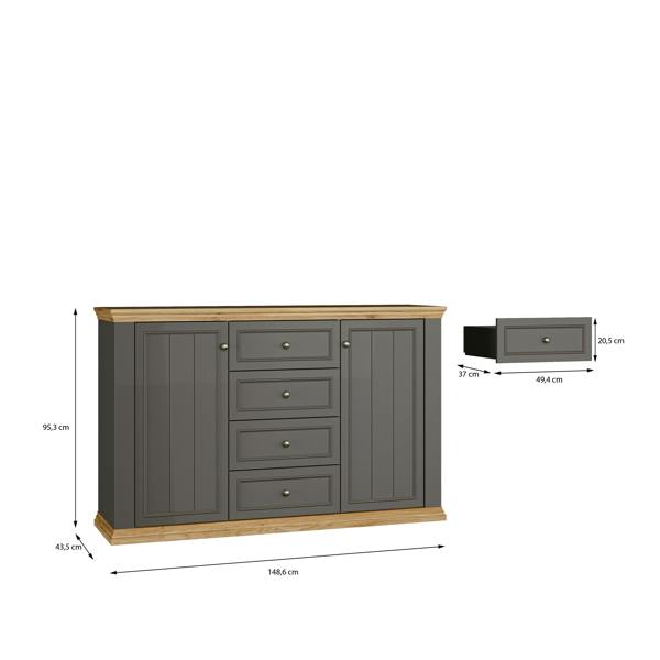 Furniture To Go Pontypool 4 Drawer & 2-Door Sideboard in Grey and Mauvella Oak