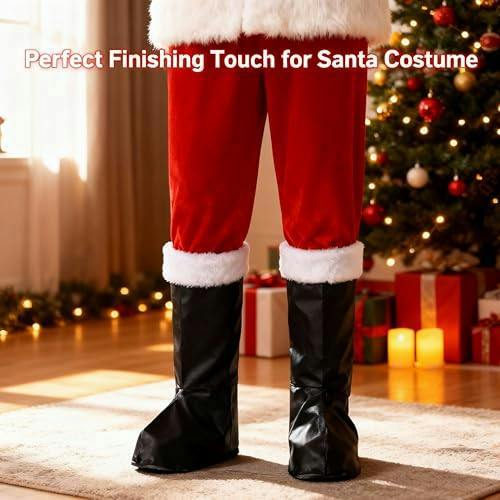 One Size Black Santa Boot Covers with Fur Trim for Christmas Costume Dressing image 3