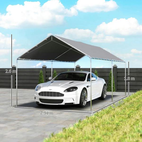 Grey carport canopy with open sides, black roof, white sports car parked underneath