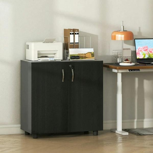 Black two-door office storage cabinet with locking handles and legs