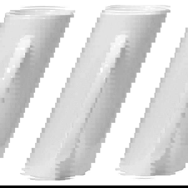 Plain white ceramic mug with a curved handle and glossy finish.