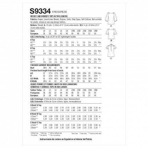 Simplicity Sewing Pattern 9334, Tops for Women, AA (10-12-14-16-18) - Easy