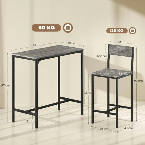 Wyld Haus Novero 3 Piece Industrial Breakfast Bar Set With 2 Stools And Footrest Support