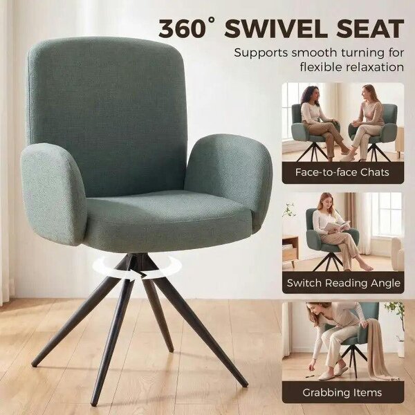 Swivel Accent Chair, Upholstered Linen-Look Armchair with Curved Backrest, Wrapped Armrests for Living Room, Light Green