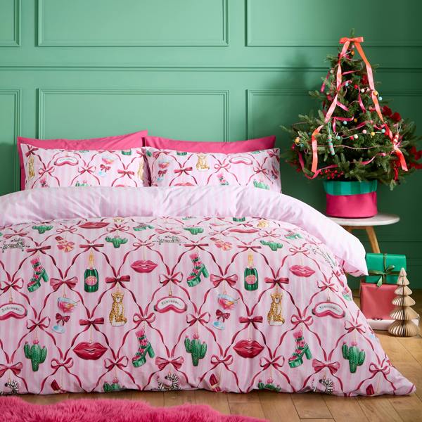 Catherine Lansfield Christmas Kitsch Reversible Duvet Cover Set Pink