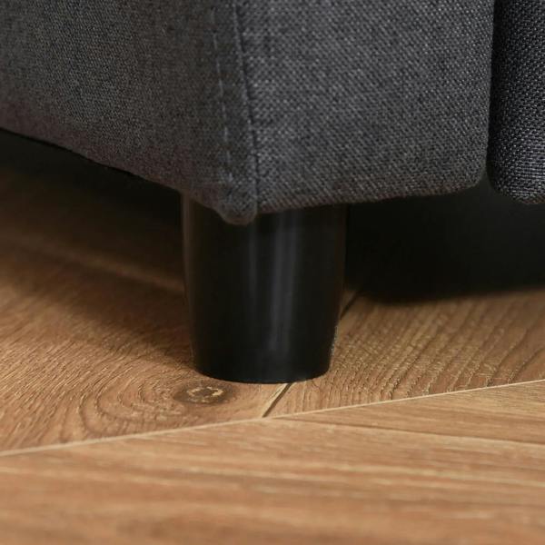 Grey kids armchair sofa, front leg and base corner close-up