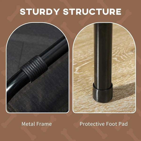 Black metal frame with protective foot pads on a brown elevated pet cot