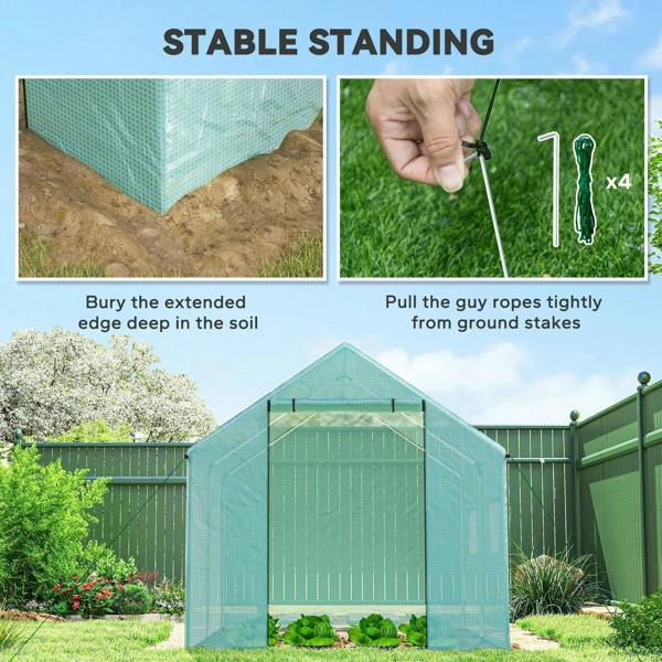 Green walk-in polytunnel greenhouse with ground stakes and reinforced corner base